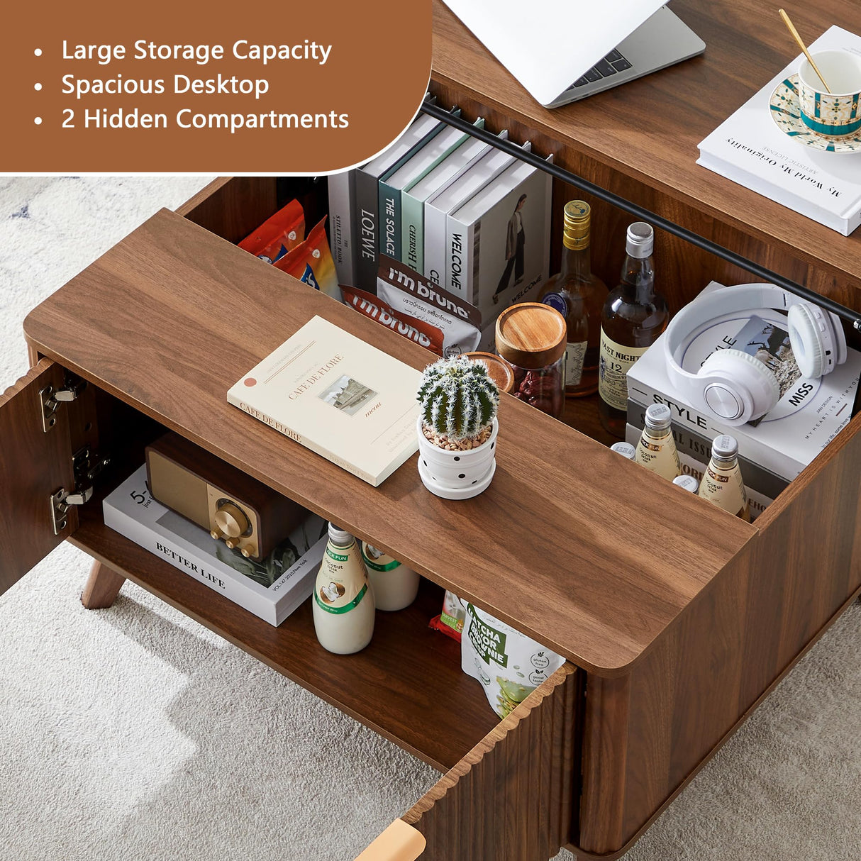 Fluted Lift Top Coffee Table with Large Hidden Compartment, 31.5” Wooden Center Table with Storage, Mid Century Modern Lift Tabletop Coffee Tables for Living Room Home Office, Walnut XUZENEST