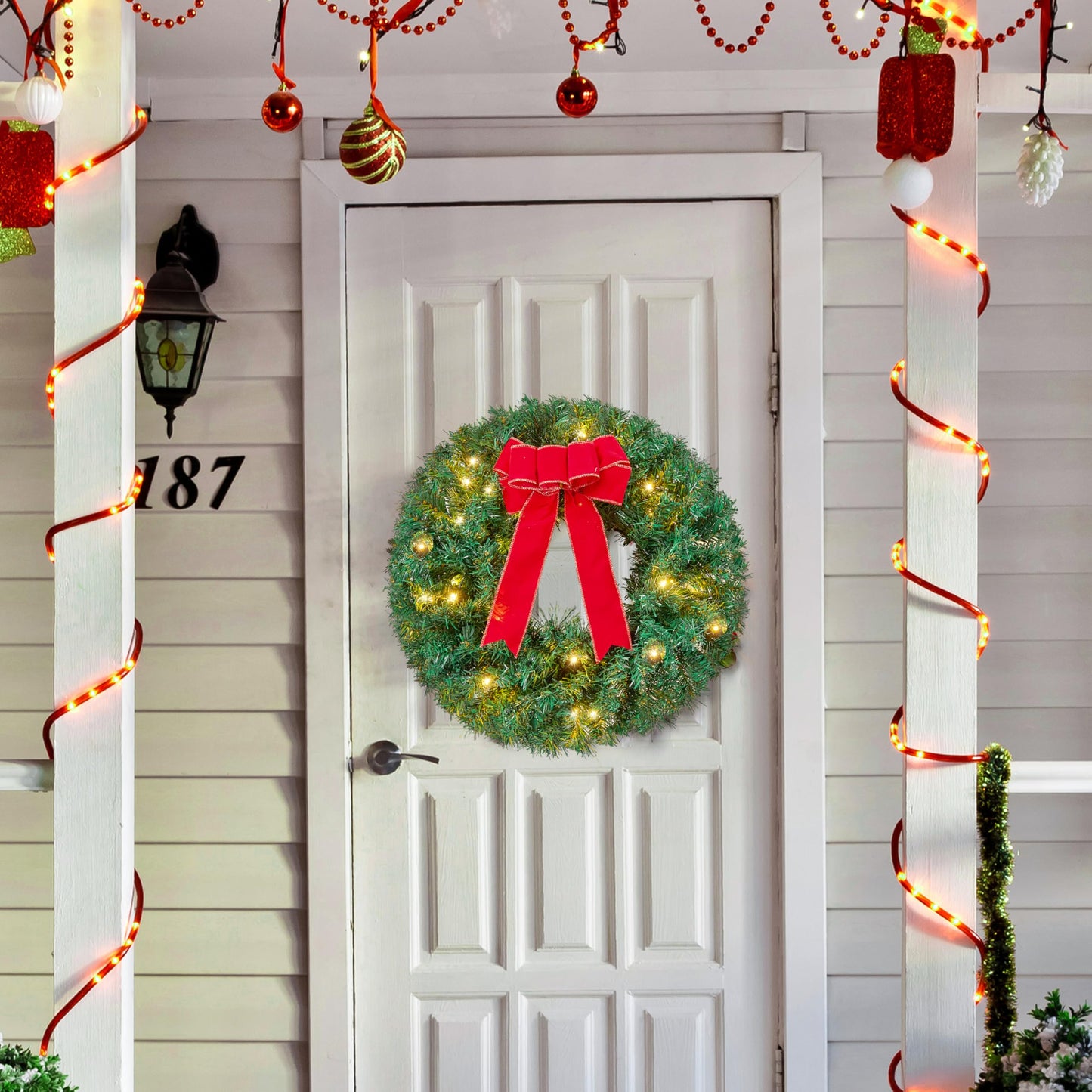 Joiedomi 19" Christmas Wreath with LED Lights with Ribbon, 3 Pcs Christmas Wreaths for Front Door, Windows, Living Room, and Indoor Outdoor Christmas Decorations Window Door Wreath