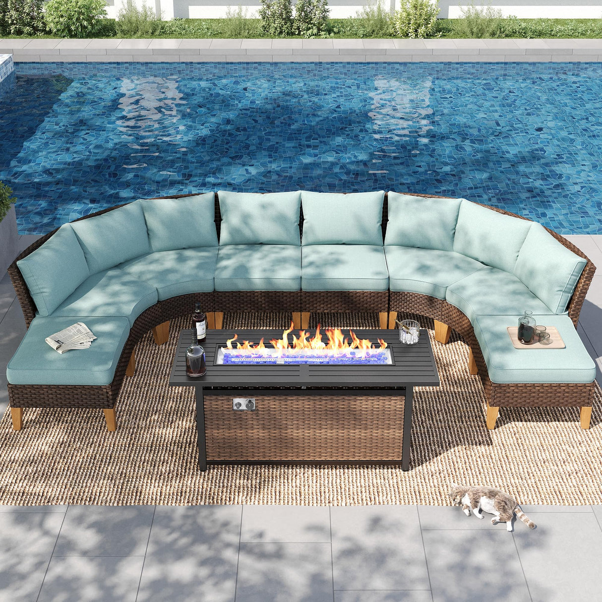 PHI VILLA 7-Piece Half Moon Patio Furniture Set with 56" Fire Pit Table, Outdoor Wicker Sectional Sofa with Cushions, Large Curved Conversation Seating for Garden or Backyard, Aqua Blue PHI VILLA