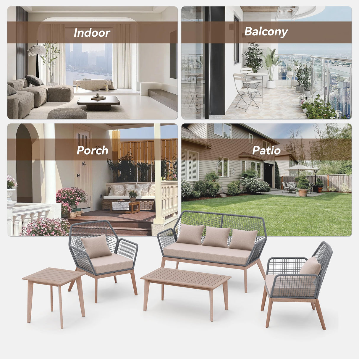 Kullavik Outdoor Patio Furniture Set,5 Pieces Indoor Rope Woven Sectional Sofa Set Modern Oak Patio Conversation Sets with Wooden Table for Balcony,Porch or Backyard,Sand Kullavik