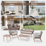 Kullavik Outdoor Patio Furniture Set,5 Pieces Indoor Rope Woven Sectional Sofa Set Modern Oak Patio Conversation Sets with Wooden Table for Balcony,Porch or Backyard,Sand Kullavik