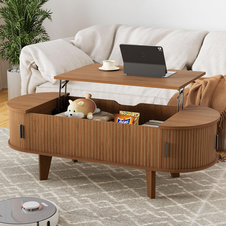 Pulsyeen Oval Coffee Table with Storage, 47.2" Fluted Lift Top Coffee Table with 180° Sliding Tambour Door, Mid Century Modern Center Table for Living Room, Office, Cafe, Walnut Pulsyeen