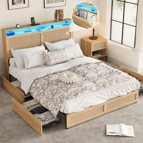 Fameill Boho Full Bed Frame with LED Lighting, Rattan Storage Headboard & 4 Drawers Fameill