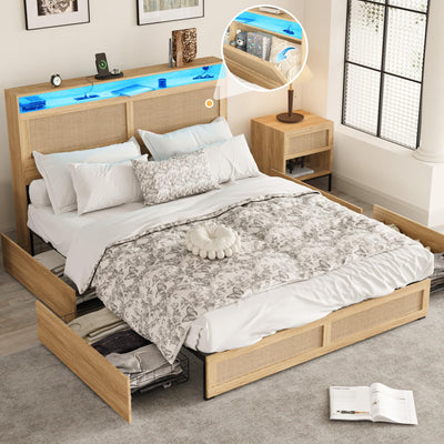 Fameill Boho Full Bed Frame with LED Lighting, Rattan Storage Headboard & 4 Drawers