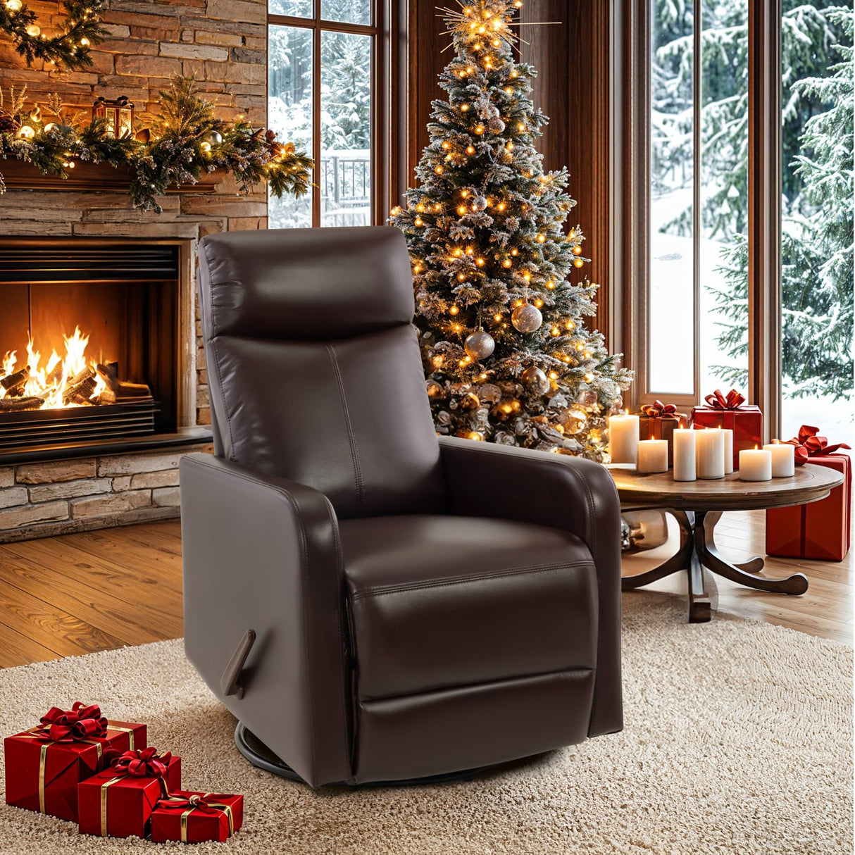Neioml Swivel Rocking Recliner Chair for Small Space, Manual Swivel Glider Recliner for Nursery,RV,Rocking Recliner with Footrest and Side Pocket,Breathable Leather,Dark Brown Neioml