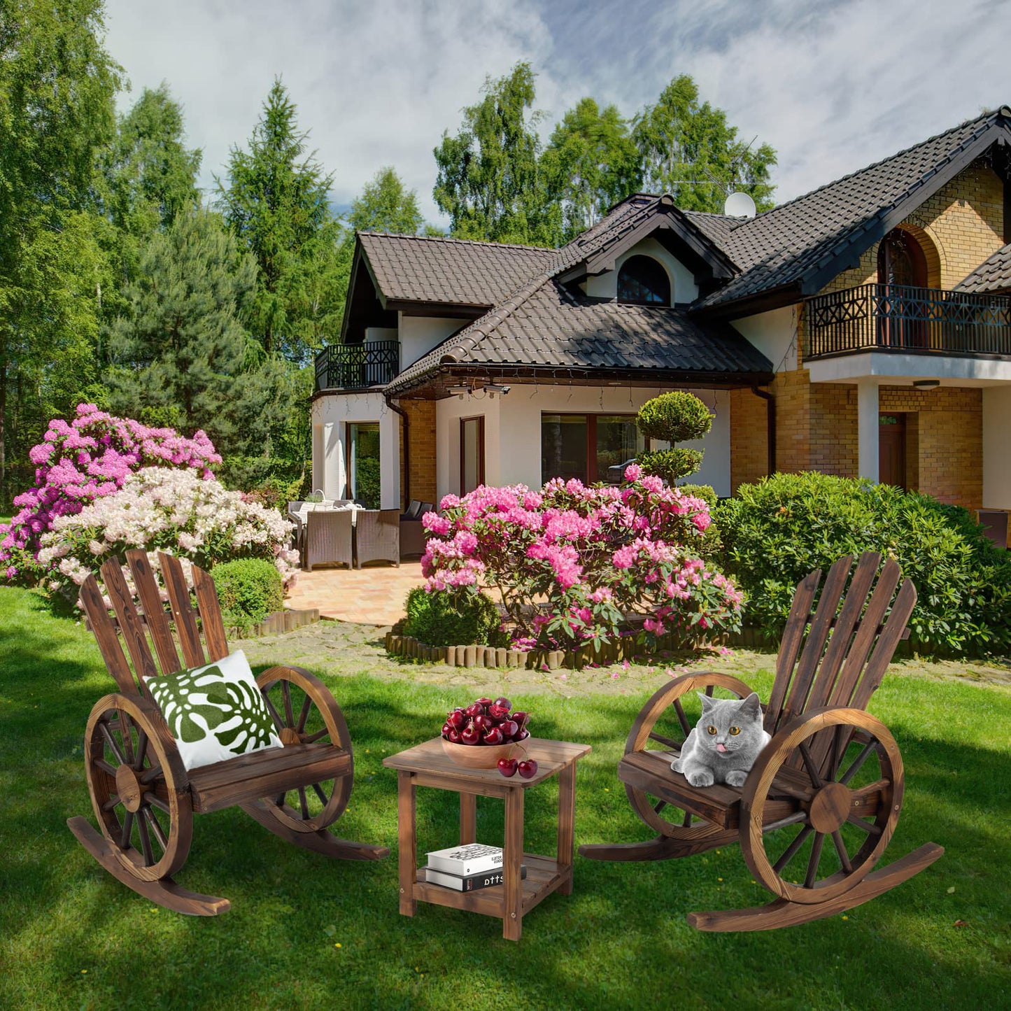 FURNDOOR 3 PCs Patio Rocking Chair Set, Outdoor Wooden Rocker Bistro Set with Coffee Table Wagon Wheel Rustic Chairs for Garden Country Yard - WoodArtSupply