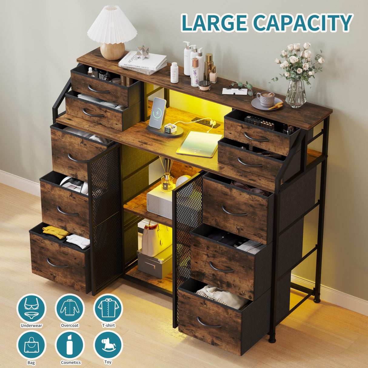 LUMTOK 10 Drawers Dresser, Drawer Dressers with Shelves, Door, Power Strip and LED Lights for Bedroom Living Room, Entryway, Closets (Rustic Brown) LUMTOK