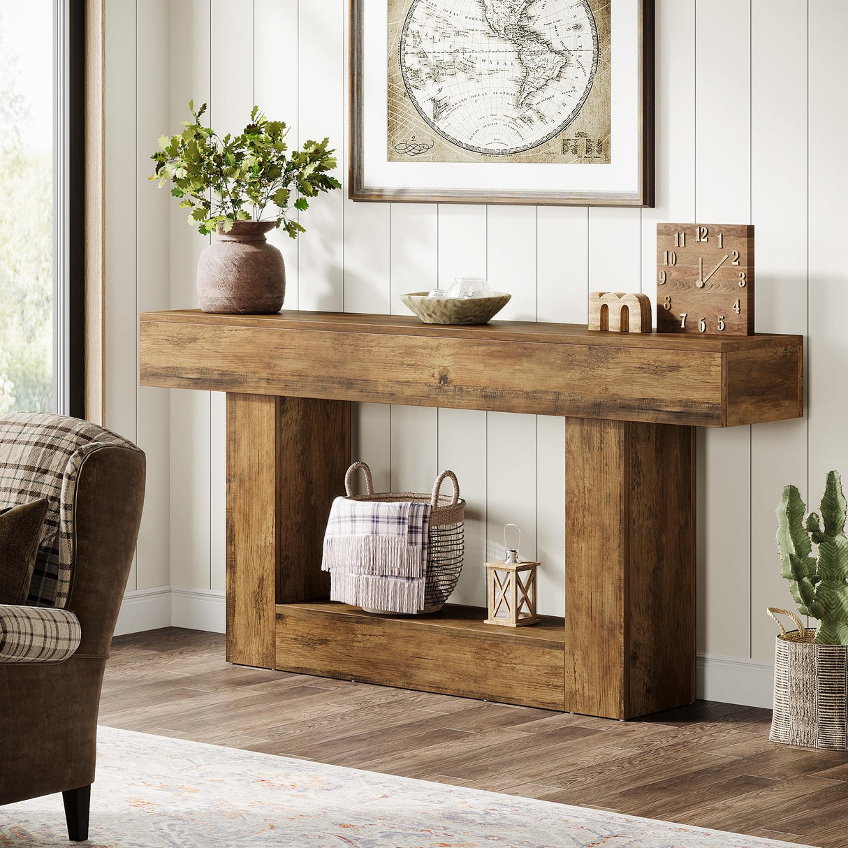 Tribesigns 63" Console Table, Farmhouse 2-Tier Entryway Table with U-Shaped Base, Narrow Long Wood Sofa Table Behind Couch Table for Living Room, Hallway, Foyer, Vintage Brown Tribesigns