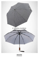Balios (Designed in UK) Travel Umbrella Luxurious Golden Hardwood Handle Auto Open & Close Windproof Frame Single Canopy Automatic Folding Umbrella Men's & Ladies (Herringbone) Balios