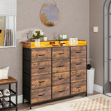 Welfuturer Dresser for Bedroom with 12 Drawers Clothes Dresser with Charging Station and LED Light Fabric Storage Tower for Living Room Hallway Closet Sturdy Steel Frame Wooden Top Rustic Brown Welfuturer