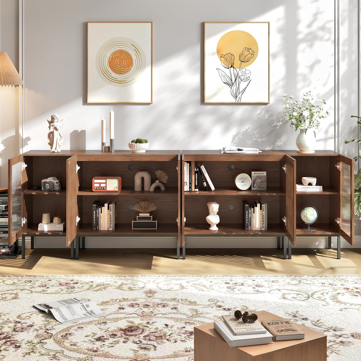 REPHRITE TV Stand 95" Farmhouse Entertainment Center with Storage Cabinets, TV Console with Glass Doors and Adjustable Shelves, for Living Room,Home Office, Brown REPHRITE