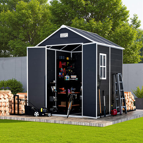 Outdoor Storage Shed 6x6 FT, Resin Shed with Floor & Window, Lockable Door, Vents, Outside Sheds & Garden Shed for Patio Furniture, Gardening Tools, Pool Equipment (Dark Gray, 6 * 6ft) OUEEEDD