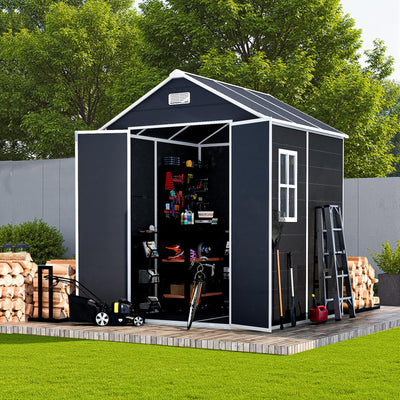 Outdoor Storage Shed 6x6 FT, Resin Shed with Floor & Window, Lockable Door, Vents, Outside Sheds & Garden Shed for Patio Furniture, Gardening Tools, Pool Equipment (Dark Gray, 6 * 6ft)