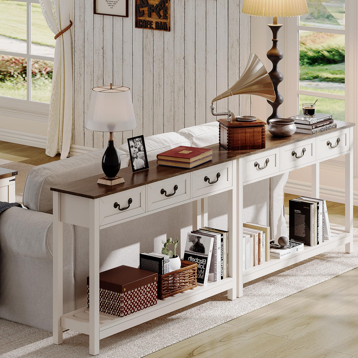 ChooChoo 47" Farmhouse Console Table with 3 Drawers, Rustic Entryway Table, Narrow Long Sofa Table for Living Room, Hallway, Behind Couch, Soft White and Brown ChooChoo