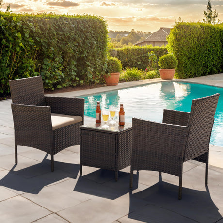 Flamaker Patio Furniture Set 3 Pieces All-Weather Rattan Outdoor Furniture Patio Chairs with Tempered Glass Table for Porch Bistro Balcony (Brown/Cream) Flamaker