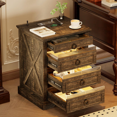 FREDEES Farmhouse Night Stand with Gun Drawer, Bedside Table with Charging Station, LED Nightstand with Human Sensor Light, Smart End Table for Bedroom Living Room, Rustic