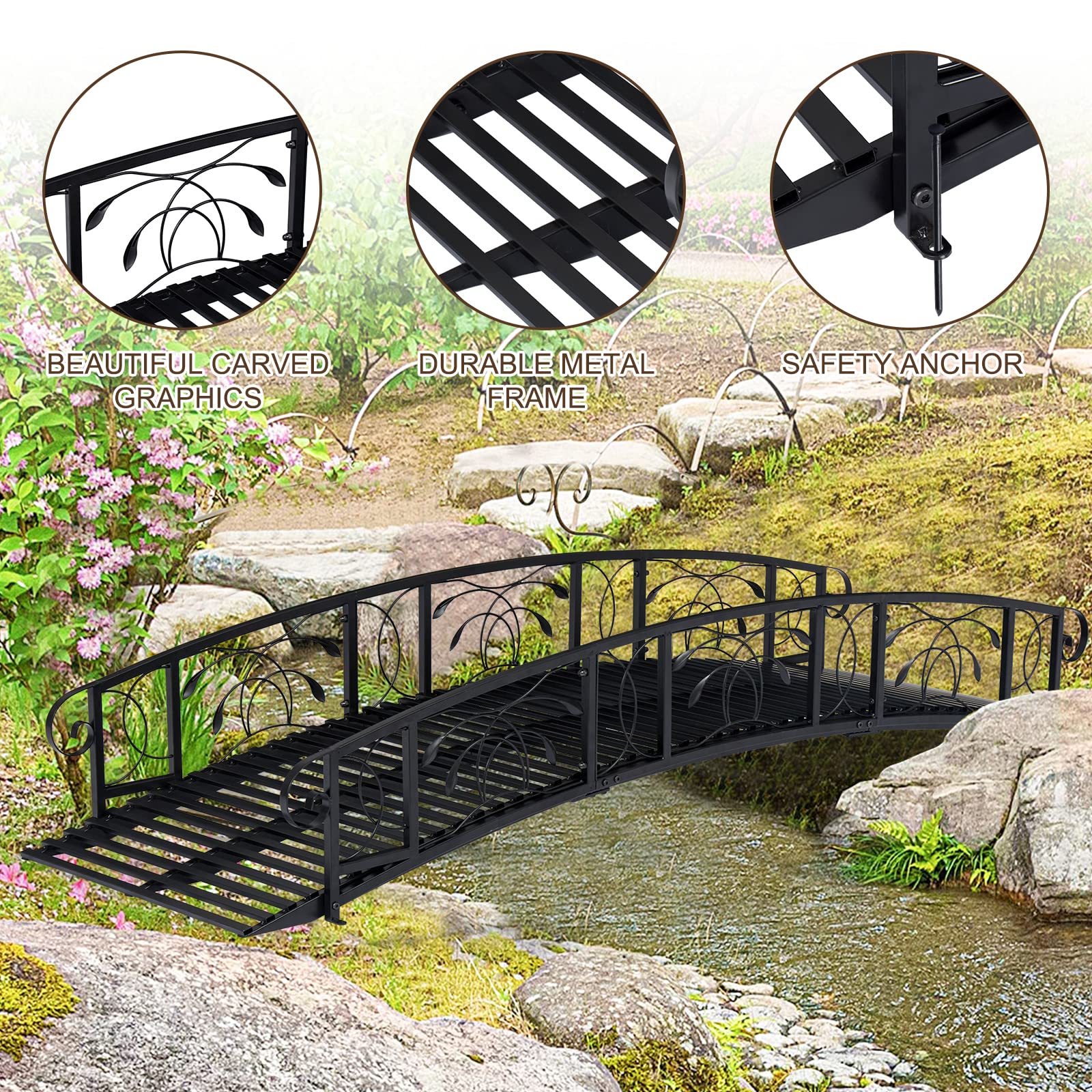 Kinsunny 8 Ft Metal Garden Bridge with 2 Safety Patterned Siderails Outdoor Decorative Iron Garden Arch Footbridge for Pond, Creek, Stream - WoodArtSupply