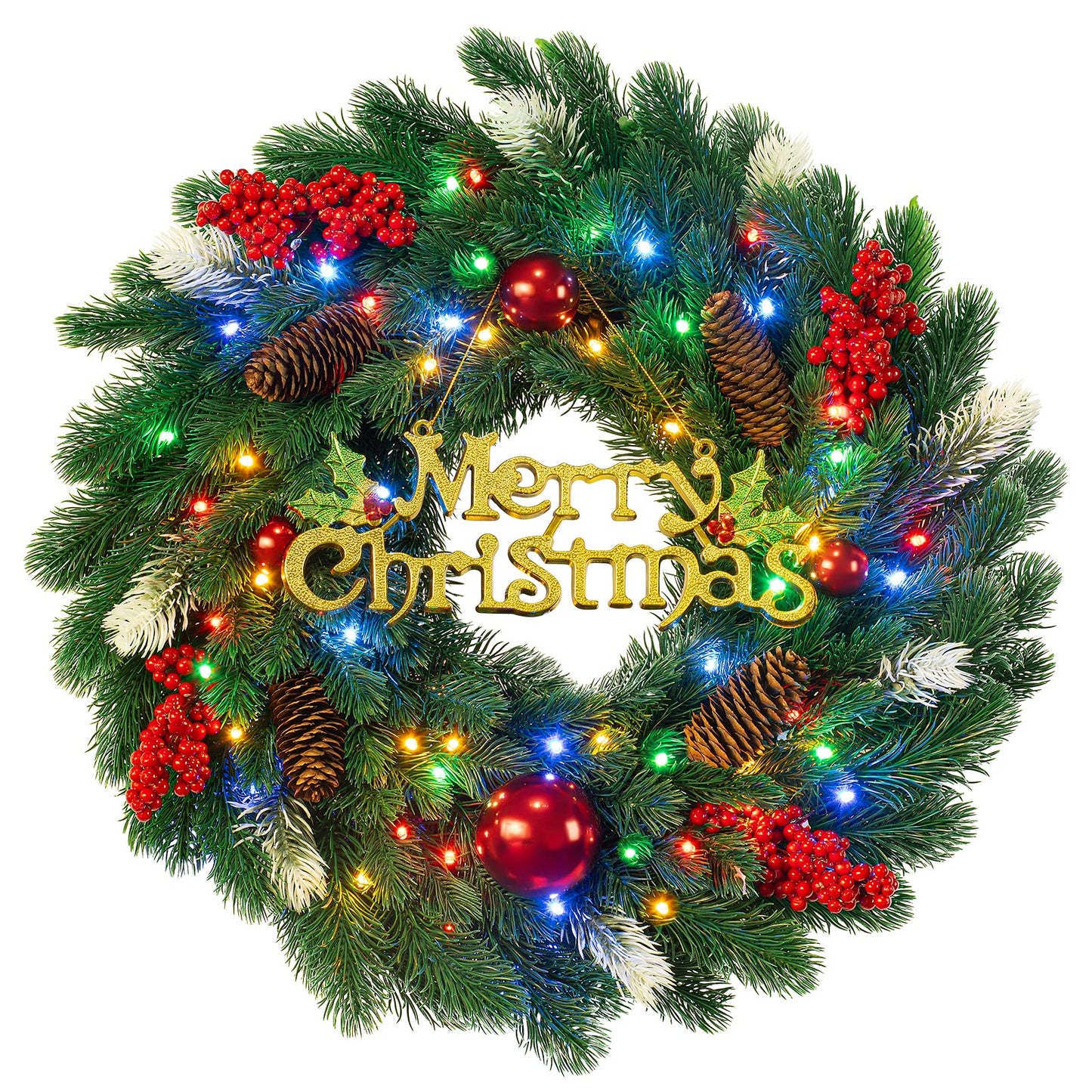 18 Inches Pre-Lit Artificial Christmas Wreath, Lighted Christmas Wreaths for Front Door with Battery Operated 45 LED Lights, Outdoor Christmas Wreath Decorated with Pine Cones, Berry Clusters