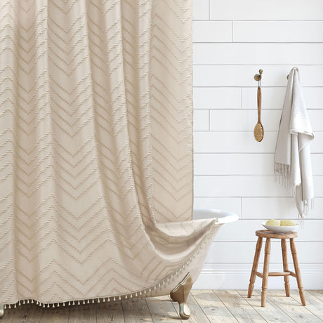 Siiluminisoy Boho Farmhouse Shower Curtain Woven Fabric Cute Beige Shower Curtain, 72 x 72 Tufted Chevron Textured Striped Modern Farmhouse Minimalist Shower Curtain for Bathroom Siiluminisoy
