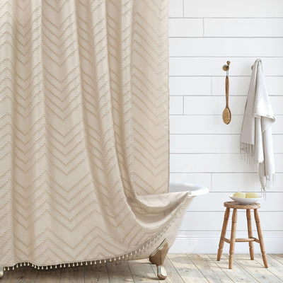 Siiluminisoy Boho Farmhouse Shower Curtain Woven Fabric Cute Beige Shower Curtain, 72 x 72 Tufted Chevron Textured Striped Modern Farmhouse Minimalist Shower Curtain for Bathroom