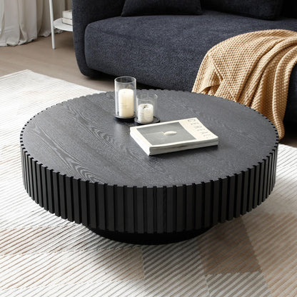 31.49" Round Wood Coffee Table, Modern Unique Circle Coffee Table, Contemporary Oak Drum Fluted Coffee Table Accent Side Table Center Table for Living Room, Small Space, Apartment, Black