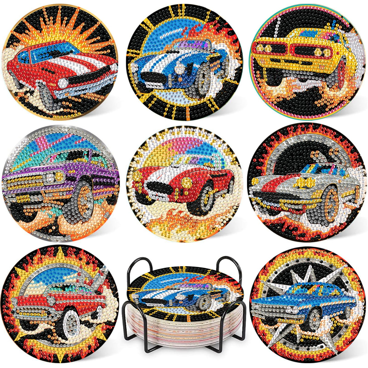 DOTZSO 8 Pcs Sports Car Diamond Art Coaster Kits with Holder,Diamond Painting Coasters for Adults Beginners,Party Home Decor Abstract,Fun Gifts for Women DOTZSO