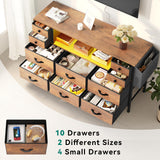 YITAHOME TV Stand with Charging Station, Dresser TV Stand for 55'' TV, 10 Drawer Dresser for Bedroom, Media TV Console Table with Side Pockets & Hooks, Storage Fabric Drawer Unit for Bedroom, Wood YITAHOME