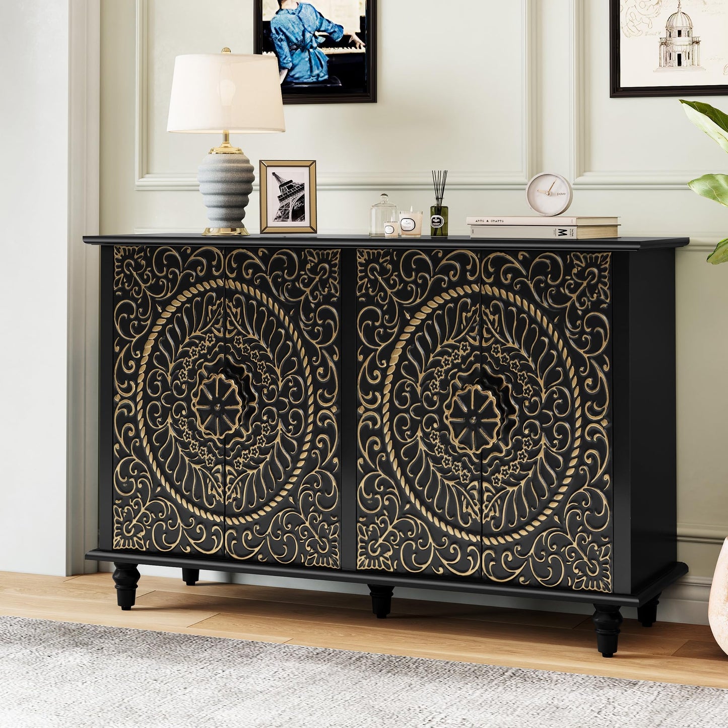 ARTPOWER Black Sideboard Buffet Cabinet with 4 Doors, Accent Decorative Storage Cabinet with Carved Flower Pattern, Wood Credenza Cabinet with storage for Hallway, Living Room, Kitchen, Dinin - WoodArtSupply