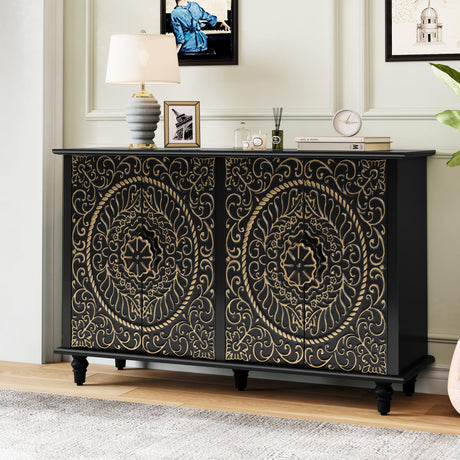 ARTPOWER Black Sideboard Buffet Cabinet with 4 Doors, Accent Decorative Storage Cabinet with Carved Flower Pattern, Wood Credenza Cabinet with storage for Hallway, Living Room, Kitchen, Dining Room ARTPOWER