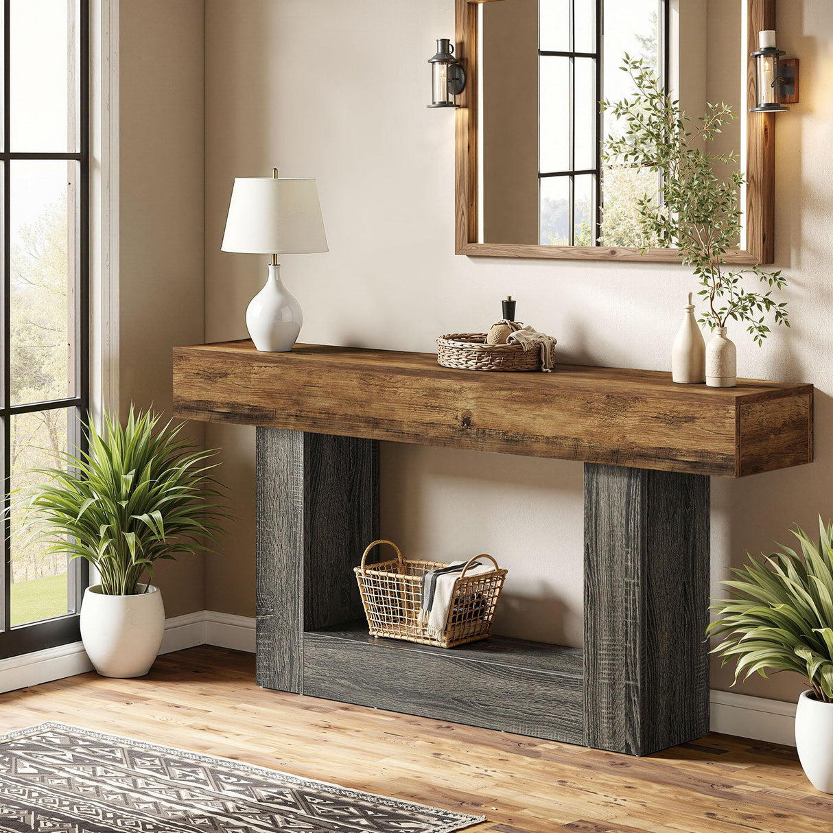 HIGREENA 63 Inch Entryway Table, 2-Tier Farmhouse Wooden Rectangular Console Sofa Table for Living Room, Hallway, Foyer Accent Table Behind Couch with U-Shaped Base - Brown & Grey HIGREENA