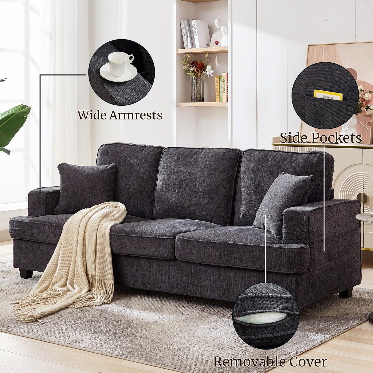 Couches for Living Room, 89 inch Cloud Couch Sofa in Chenile with Extra Comfy Soft Deep Seats, Modern 3 Seater Sofas for Living Room Bedroom Office Apartment, Grey Korser