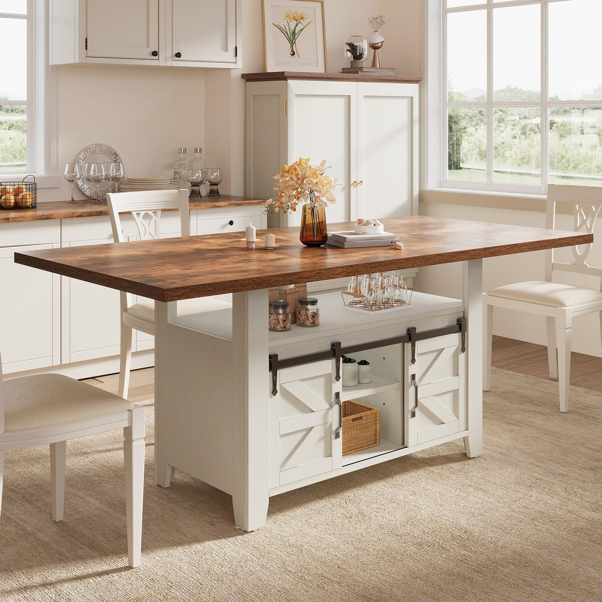 DWVO 70 Inches Rectangle Dining Table for 6-8 People Farmhouse Kitchen Table Large Dinner Table with Storage Cabinet Rustic Wooden Table for Dining Room Kitchen Apartment Resturant, White DWVO