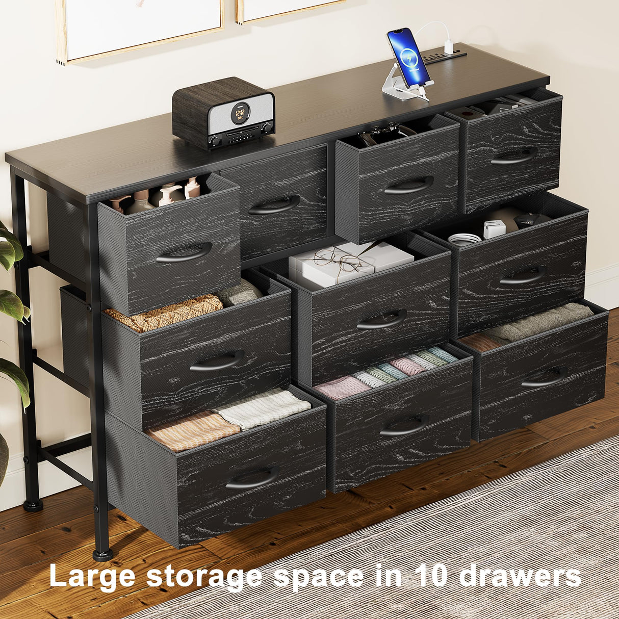 Lulive Dresser for Bedroom 10 Drawer Dresser TV Stand with Power Outlet, Entertainment Center Chest of Drawers for 55 Inch TV, Black Fabric for Bedroom Living Room Hallway Closets Lulive