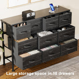 Lulive Dresser for Bedroom 10 Drawer Dresser TV Stand with Power Outlet, Entertainment Center Chest of Drawers for 55 Inch TV, Black Fabric for Bedroom Living Room Hallway Closets Lulive