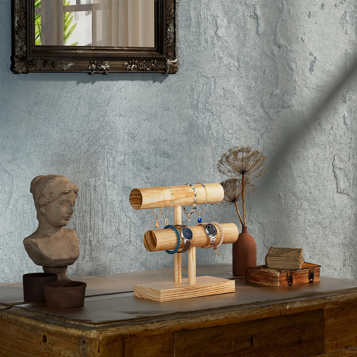 ProCase Bracelet Holder Display Bracelet Organizer, Wooden Bracelet Stand for Selling, T-bar Bangle Storage Rack Wood Watch Display Tower for Business - 2 Tier, Nature ProCase