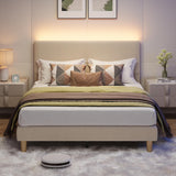Bestier Queen Bed Frame with Adjustable Headboard, LED Lighting, Vertical Channel Tufted Corduroy Upholstered, Solid Wooden Slats Support, No Box Spring Needed, Never Squeaks, Easy Assembly, Taupe Bestier