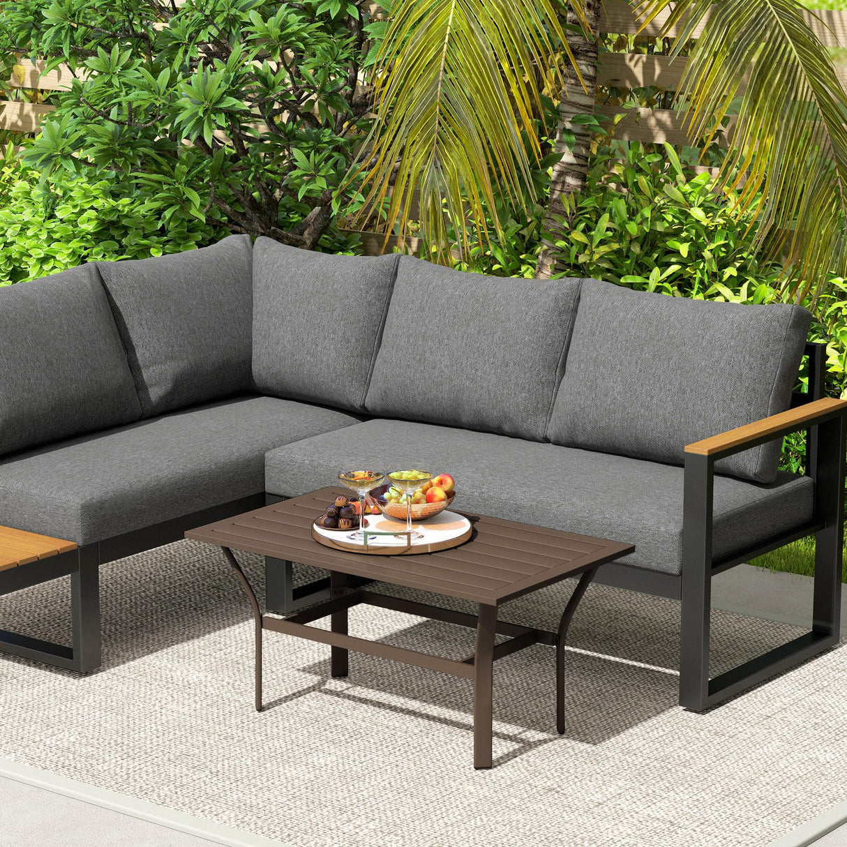 Outsunny Outdoor Coffee Table, All-Weather Rectangle Metal Patio Coffee Table with Slatted Tabletop for Outside, Patio, Garden, Balcony, Backyard, Brown Outsunny