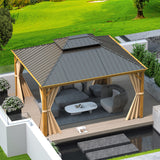 Domi 10'x12' Outdoor Hardtop Gazebo Permanent Canopy with Galvanized Steel Roof,Aluminum Frame,Curtains and Netting,for Patios,Backyard,Lawns(Wood Grain Coated) domi outdoor living