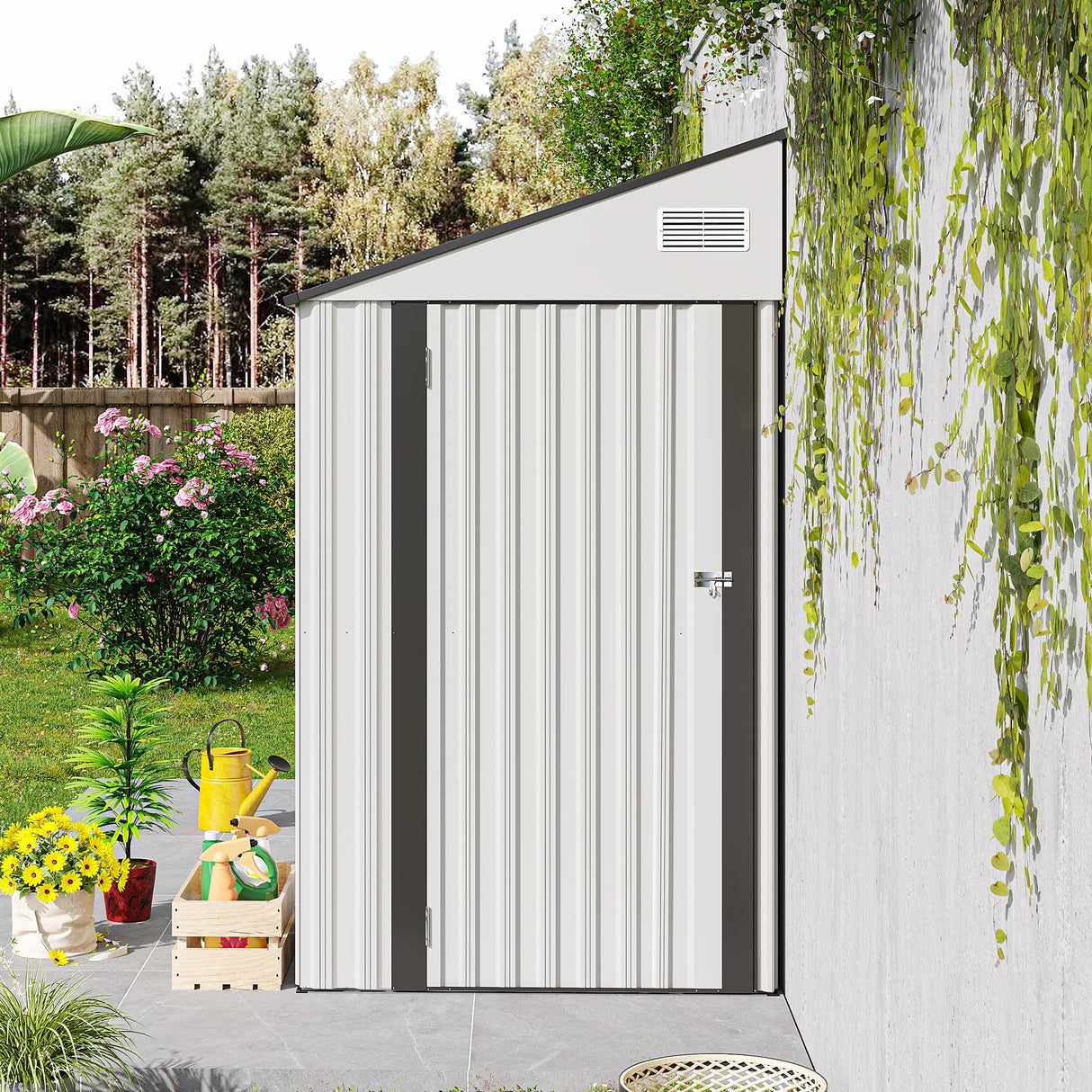 4x8 FT Outdoor Storage Shed, Metal Garden Shed with Lockable Hinged Door, Lean to Shed with 6 Air Vents, Outside Tool Shed with Sloped Roof, Waterproof Storage Building for Backyard, Patio, White BNSPLY