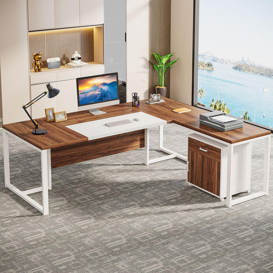 Tribesigns 70.8-Inch Executive Desk with Mobile File Cabinet, Large L Shaped Computer Desk with Storage Cabinet, L-Shaped Desk with Drawer Cabinet for Home Office, Walnut & White - WoodArtSupply