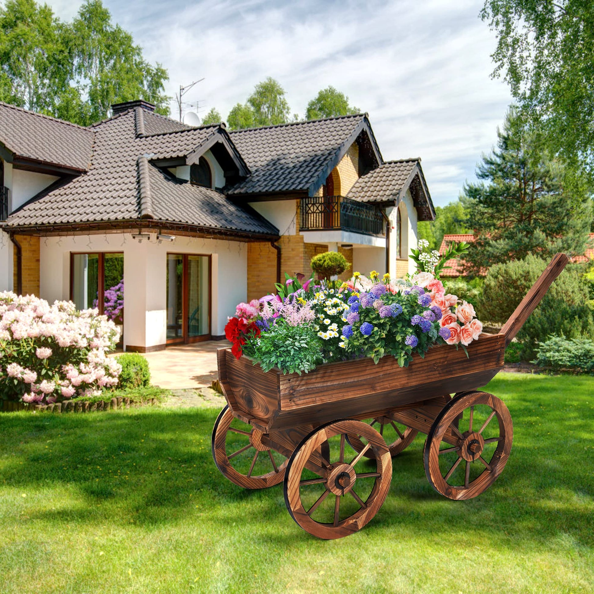 OIPRTGFJ Wood Wagon Planter for Outdoor Balcony Decor - Garden Rustic Wooden Flower Cart with Wheels for Outside Garden Decor Wheelbarrow Planter for Patio - WoodArtSupply