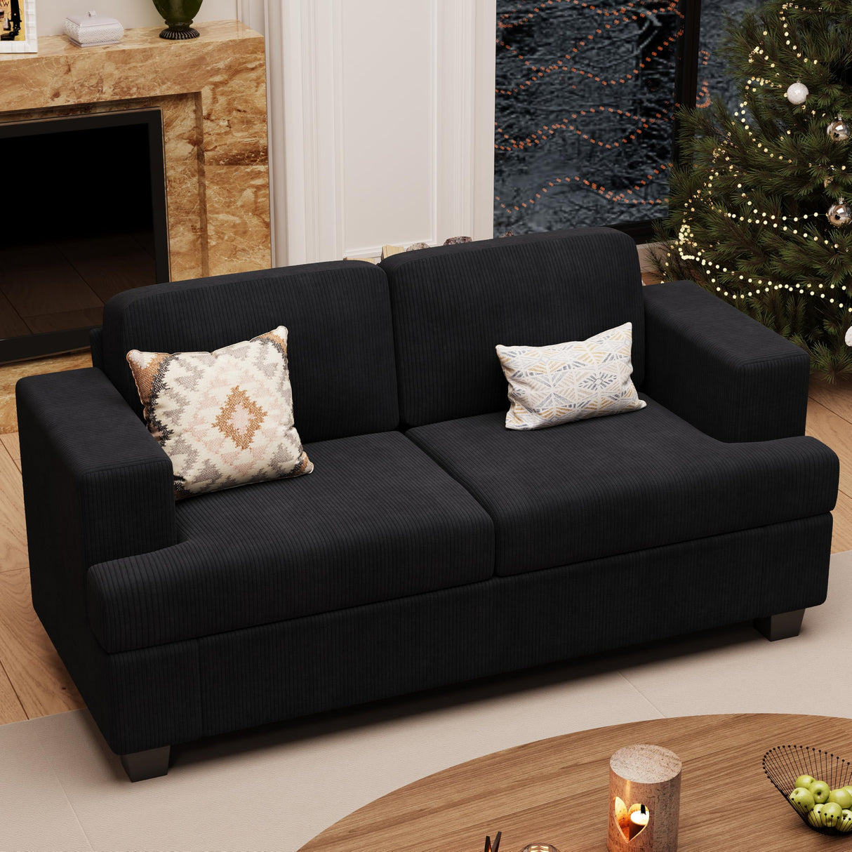 YOUDENOVA 63” Corduroy Loveseat Sofa Couch for Living Room, Small Couch with Deep Seat for Bedroom, Comfy Could Loveseat for Small Living Room, Black Corduroy YOUDENOVA