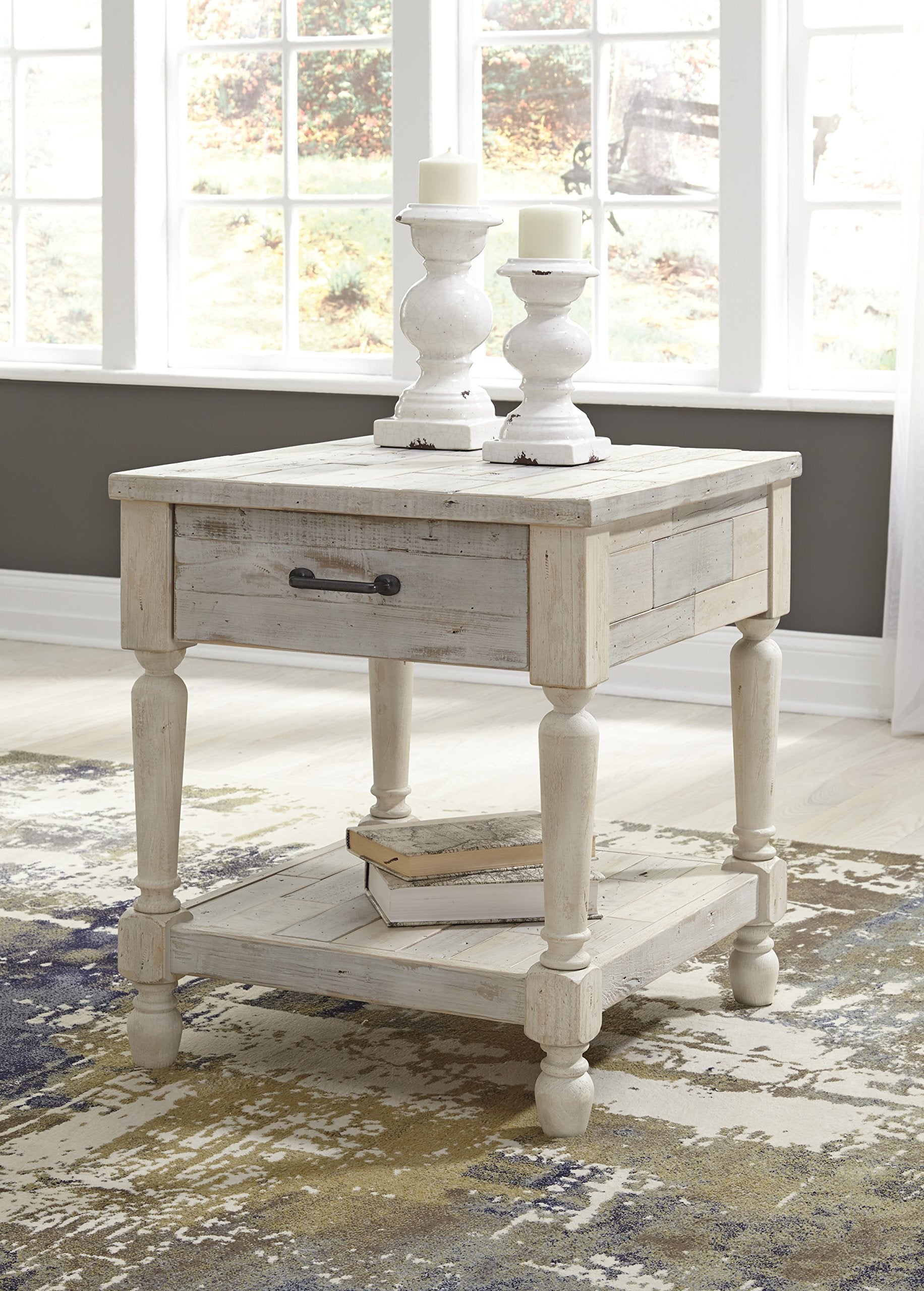 Signature Design by Ashley Shawnalore Farmhouse Solid Pine Wood End Table, Weatherworn White Finish - WoodArtSupply