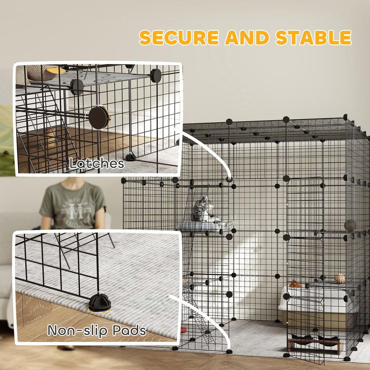 PawHut Cat Cage, 4 x 4 x 4 DIY 4 Tier Cat Enclosure, Detachable Wire Indoor Catio with Hammock, Jumping Platforms, Ramps, Doors, for 1-3 Kittens, 55" L x 55" W x 55" H, Black PawHut