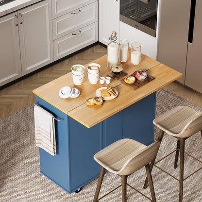 Shintenchi Rolling Kitchen Island Cart with Folding Drop Leaf Breakfast Bar, Portable Trolley Island with Large Storage Cabinet, Shelf and Drawer, Blue