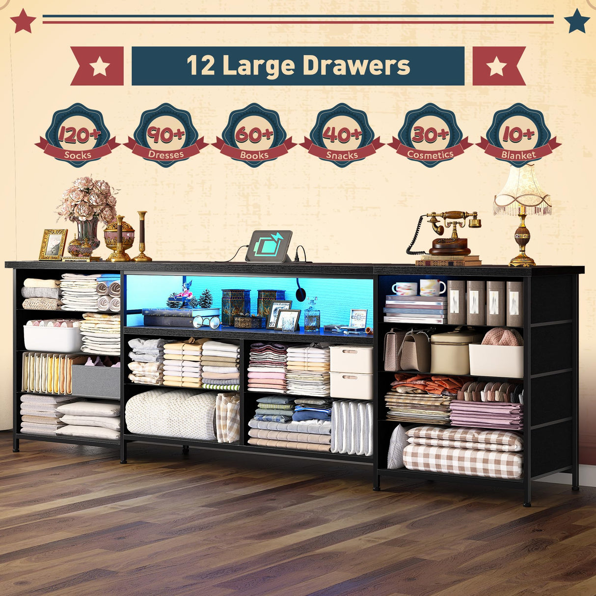 63" Long Dresser for Bedroom with 12 Fabric Drawers Entertainment Center with LED Lights & Power Outlets TV Stand for 70 Inch TV, Organizer for Bedroom, Black Romorgniz