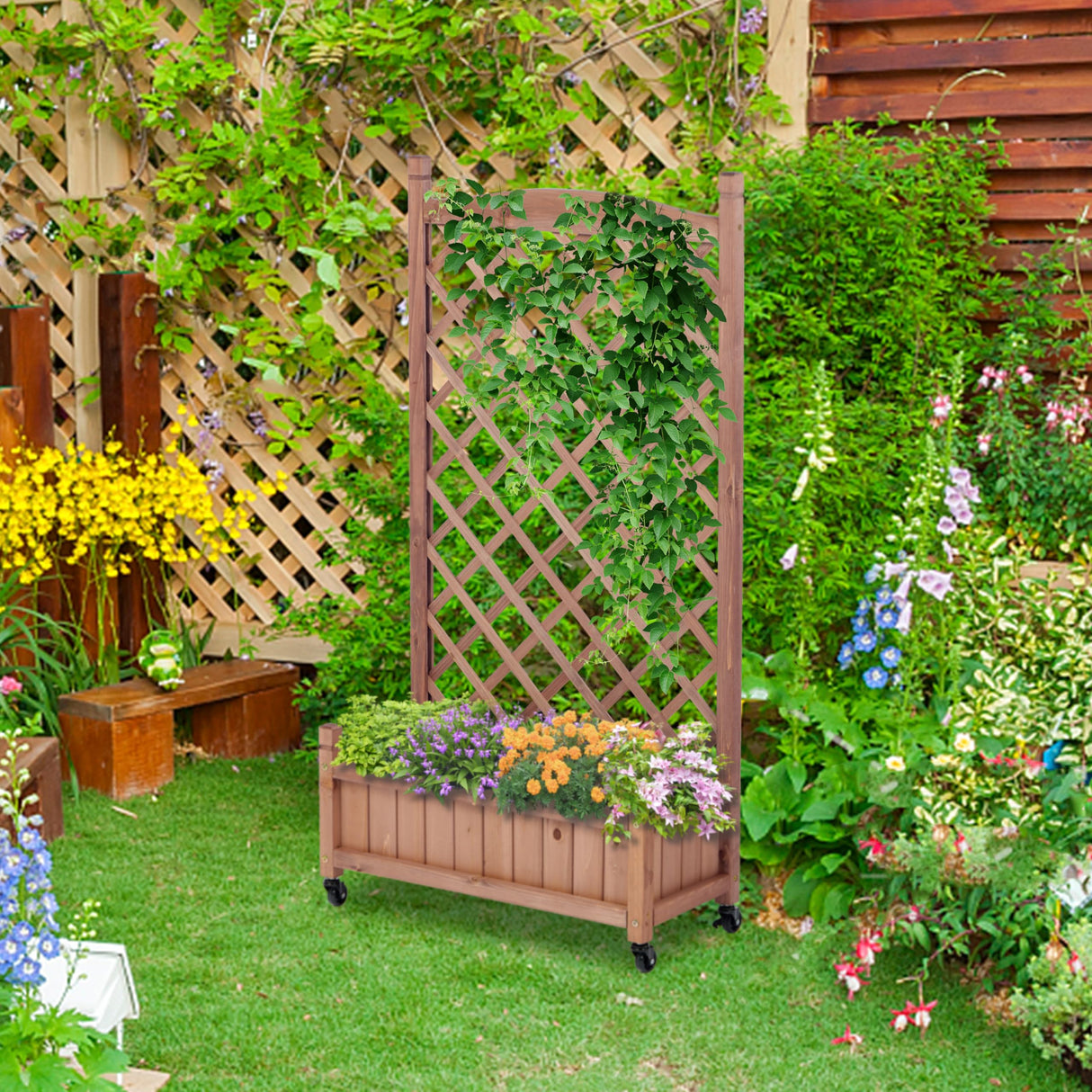 Raised Garden Bed with Trellies 2 Pack, Outdoor Wooden Planter Box & Plant Stand with Climbing Racks Wood-Natrl