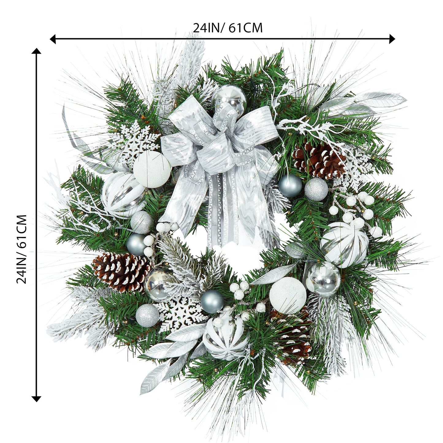 FairyLee Christmas Wreath for Front Door, 24 Inch Outdoor Christmas Wreath, Battery Operated Xmas Wreath with Silver White Ball Ornaments Bows and 20 LED Lights for Home Holiday Decor