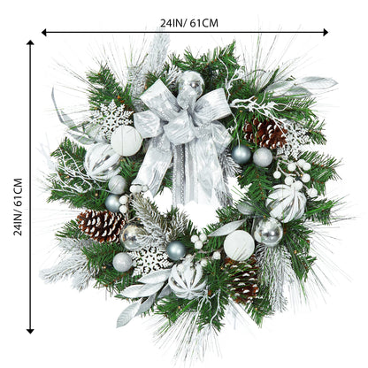 FairyLee Christmas Wreath for Front Door, 24 Inch Outdoor Christmas Wreath, Battery Operated Xmas Wreath with Silver White Ball Ornaments Bows and 20 LED Lights for Home Holiday Decor