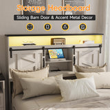 Fameill Antique White Farmhouse Queen Bed Frame with 4 Drawers, Bookcase Headboard, LED Lights & Charging Station Fameill